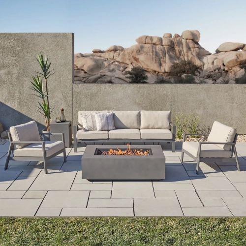 Aegean 5 Piece Outdoor Sofa Set & Fire Table in Weathered Slate Steel & Tan Fabric